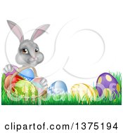 Poster, Art Print Of Happy Gray Easter Bunny With A Basket Of Eggs And Flowers In The Grass With White Text Space