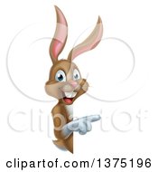 Clipart Of A Happy Brown Bunny Rabbit Pointing Around A Sign Royalty Free Vector Illustration