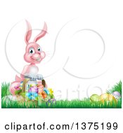 Poster, Art Print Of Happy Pink Easter Bunny With A Basket Of Eggs And Flowers In The Grass With White Text Space