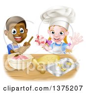 Cartoon Happy Black Boy And White Girl Making Frosting And Star Shaped Cookies