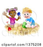 Poster, Art Print Of Happy White Boy And Black Girl Playing And Making Sand Castles On A Beach