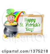 Cartoon Leprechaun Smiling Over A Pot Of Gold At The End Of A Rainbow With A Happy St Patricks Day Sign