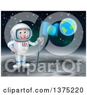 Poster, Art Print Of Happy Caucasian Male Astronaut Holding A Flag On The Moon Earth In The Background