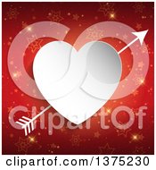 Poster, Art Print Of 3d White Paper Cutout Heart With Cupids Arrow Over Red Stars And Gold Sparkles