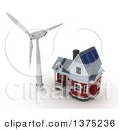 Poster, Art Print Of 3d House With Solar Panels On The Roof And A Wind Turbine Windmill On A White Background