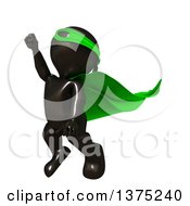 Poster, Art Print Of 3d Black Man Super Hero Flying In A Green Cape On A White Background