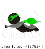 Poster, Art Print Of 3d Black Man Super Hero Flying In A Green Cape On A White Background