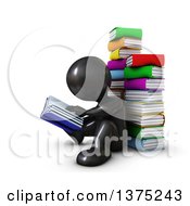 Poster, Art Print Of 3d Black Man Sitting On The Floor And Reading Against A Stack Of Books On A White Background