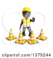 3d Black Man Construction Worker Standing Behind Cones On A White Background