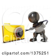 3d Black Man Trying To Break Into A Secure Folder With A Pry Bar On A White Background