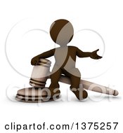 3d Brown Man Auctioneer Or Judge Sitting On A Giant Gavel On A White Background