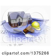 3d Watercolor Styled Custom Two Story Residential Home A Trowel Bricks And A Hardhat On Top Of Blueprints On A White Background