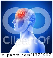 Poster, Art Print Of 3d Anatomical Man With Visible Glowing Frontal Lobe Of His Brain Highlighted Over Blue