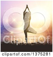 Clipart Of A Fit Silhouetted Woman Doing Yoga Against A Sunset With Sparkles Royalty Free Vector Illustration
