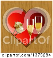 Poster, Art Print Of 3d Champagne Glasses And White Roses Inside A Wooden Heart Frame Over Red