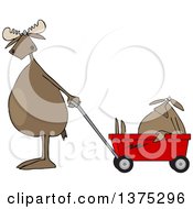 Moose Standing Upright And Pulling A Baby In A Wagon