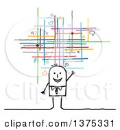 Happy Stick Business Man Waving Under Social Networking Lines And Icons
