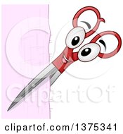 Clipart Of A Pair Of Scissors Character Cutting A Piece Of Fabric Royalty Free Vector Illustration