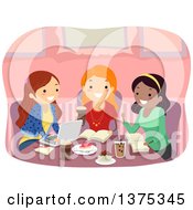 Poster, Art Print Of Group Of Happy Teenage Girls Studying At A Cafe