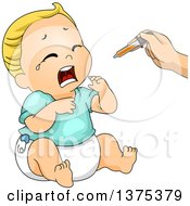 Poster, Art Print Of Blond White Baby Boy Crying Whiel Being Given Medicine With A Dropper