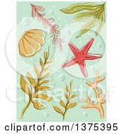 Poster, Art Print Of Seaweed And A Starfish On Green With Bubbles