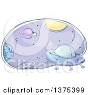 Clipart Of A Sketched Oval With Planets And A Ufo Royalty Free Vector Illustration by BNP Design Studio
