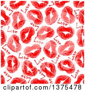 Clipart Of A Seamless Background Pattern Of Red Lipstick Kiss Hearts And Love Text Royalty Free Vector Illustration by Vector Tradition SM
