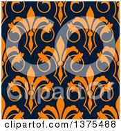 Clipart Of A Seamless Pattern Background Of Orange Fleur De Lis On Navy Blue Royalty Free Vector Illustration