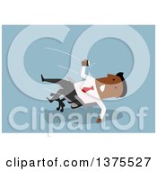 Poster, Art Print Of Flat Design Black Business Man Falling Back In An Office Chair On Blue