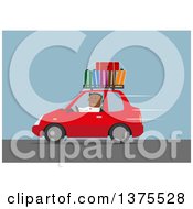 Poster, Art Print Of Flat Design Black Business Man Driving A Car With Luggage On Top On A Blue Background