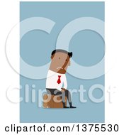 Poster, Art Print Of Flat Design Black Business Man Looking Sad And Sitting On Luggage On Blue