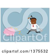Poster, Art Print Of Flat Design Black Business Man Chasing A Piggy Bank With A Hammer On Blue