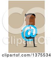 Poster, Art Print Of Flat Design Black Business Man Holding An Email Arobase At Symbol On Tan