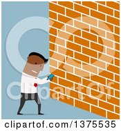 Poster, Art Print Of Flat Design Distracted Black Business Man Looking At A Smart Phone And About To Walk Into A Wall On Blue