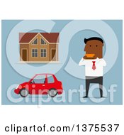 Poster, Art Print Of Flat Design Black Business Man Holding A Credit Car By A House And Car On Blue