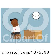 Poster, Art Print Of Flat Design Black Business Man Looking Sad And Sitting On Luggage In An Office On Blue