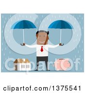 Poster, Art Print Of Flat Design Black Business Man Holding Umbrellas Over A Piggy Bank And House On Blue