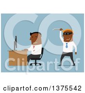 Poster, Art Print Of Flat Design Black Business Man Ready To Stab Another In The Back On Blue