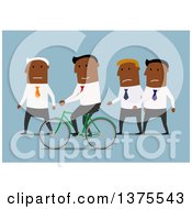 Clipart Of A Flat Design Black Business Man Riding A Bicycle Around Colleagues On Blue Royalty Free Vector Illustration by Vector Tradition SM