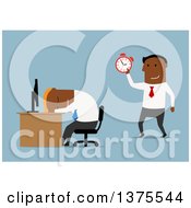 Poster, Art Print Of Flat Design Black Business Man Sleeping At His Desk His Boss Holding Up A Clock On Blue