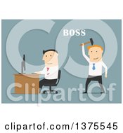 Poster, Art Print Of Flat Design White Business Man Boss Sneaking Up On An Employee With A Hammer On Blue