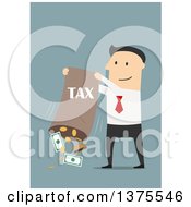 Clipart Of A Flat Design White Business Man Dumping Out A Tax Bag On Blue Royalty Free Vector Illustration by Vector Tradition SM