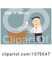 Clipart Of A Flat Design White Business Man Grinding Time And Money On Blue Royalty Free Vector Illustration