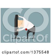 Clipart Of A Flat Design White Business Man Climbing Inside A Tv On Blue Royalty Free Vector Illustration