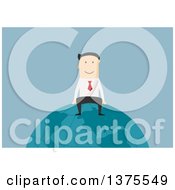 Poster, Art Print Of Flat Design White Business Man Sitting On Top Of The World On Blue