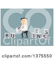 Clipart Of A Flat Design White Man Lining Up BUSINESS Blocks On Blue Royalty Free Vector Illustration