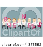 Clipart Of A Flat Design White Business Team Holding Success Letters On Blue Royalty Free Vector Illustration