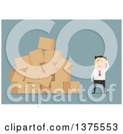 Clipart Of A Flat Design White Business Man With A Messy Pile Of Boxes On Blue Royalty Free Vector Illustration