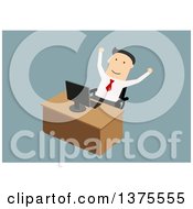 Poster, Art Print Of Flat Design White Business Man Cheering At His Computer On Blue