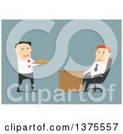 Poster, Art Print Of Flat Design White Business Man Sucking Up To The Boss On Blue